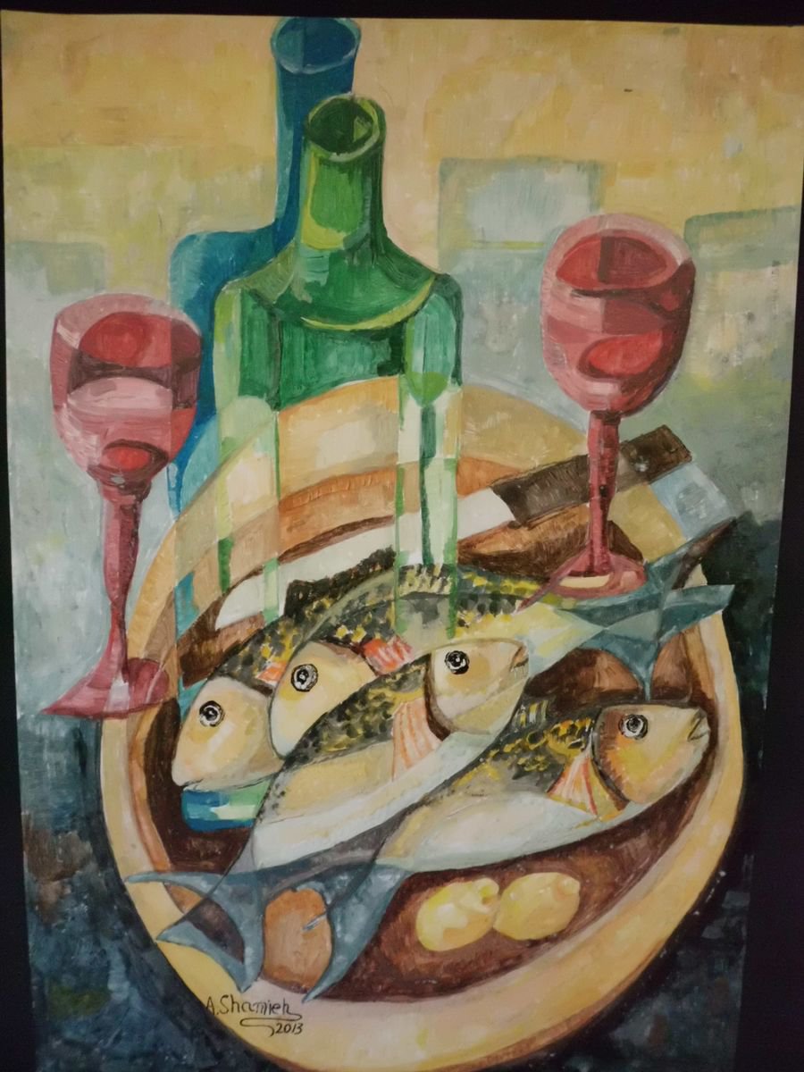 Abstract Still Life Painting By Abdelrahman Shamieh, 12 X 17, Fish And Wine, Original Artwork