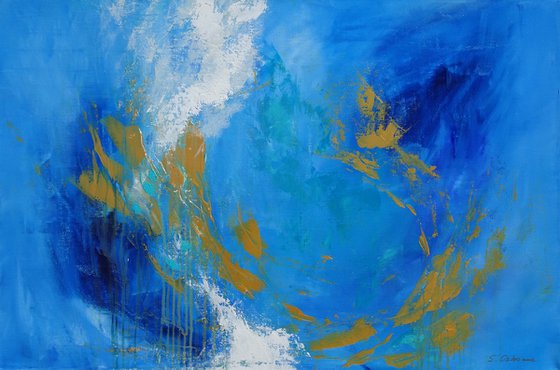 Large Blue Abstract Seascape Painting. Ocean Waves. Navy, Gold, Turquoise, Teal, White Bold Modern Art with Brush Strokes Texture