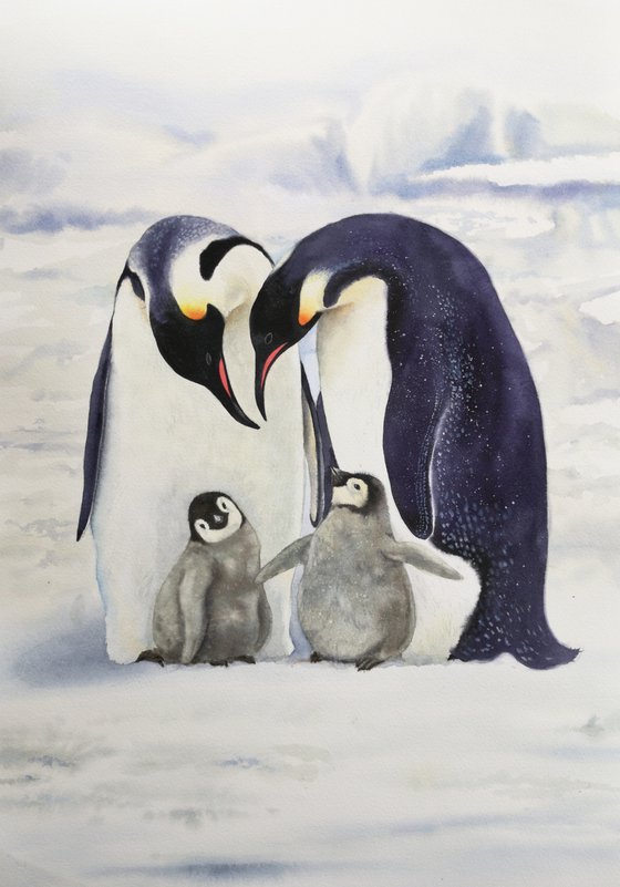 Penguin Family - watercolor