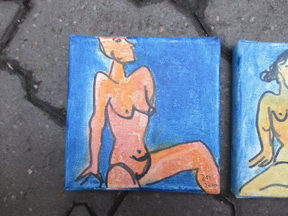 3 expressive blue girls on canvas mixed media 6 x 17,7 inch
