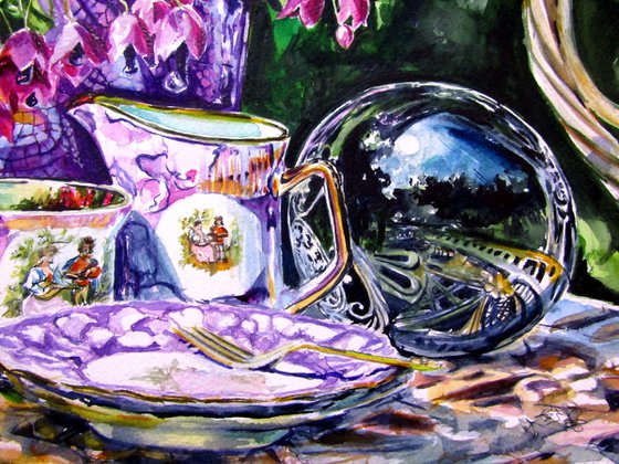 Still life with tea set in the garden
