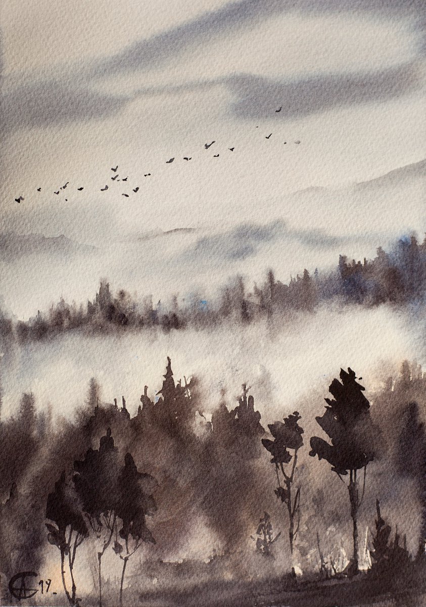 Mist in the mountains. ORIGINAL SMALL WATERCOLOR dark mist ABSTRACT BLOOM INTERIOR DECOR d... by Sasha Romm