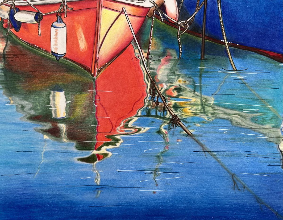 Illustrative Pencil Drawing , Marina Reflections By Karen Elaine Evans, 12 X 10, Artwork For Sale On Artfinder