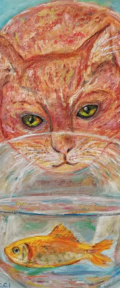 Ginger Cat with Red Fish by Katia Ricci