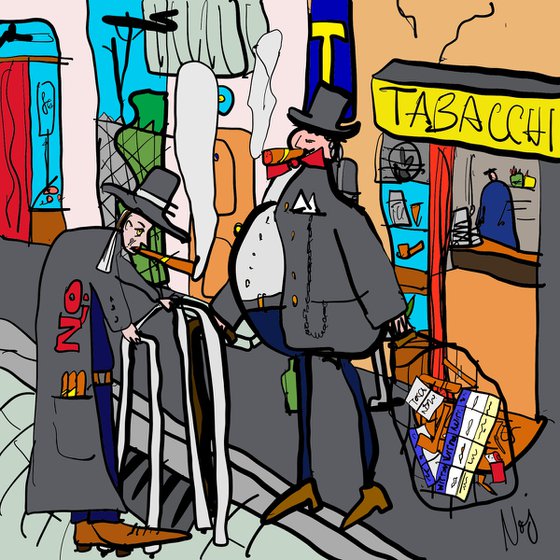 An elderly Mr Noj accompanied to the Tobacco Shop by Lord Wiston Churchill