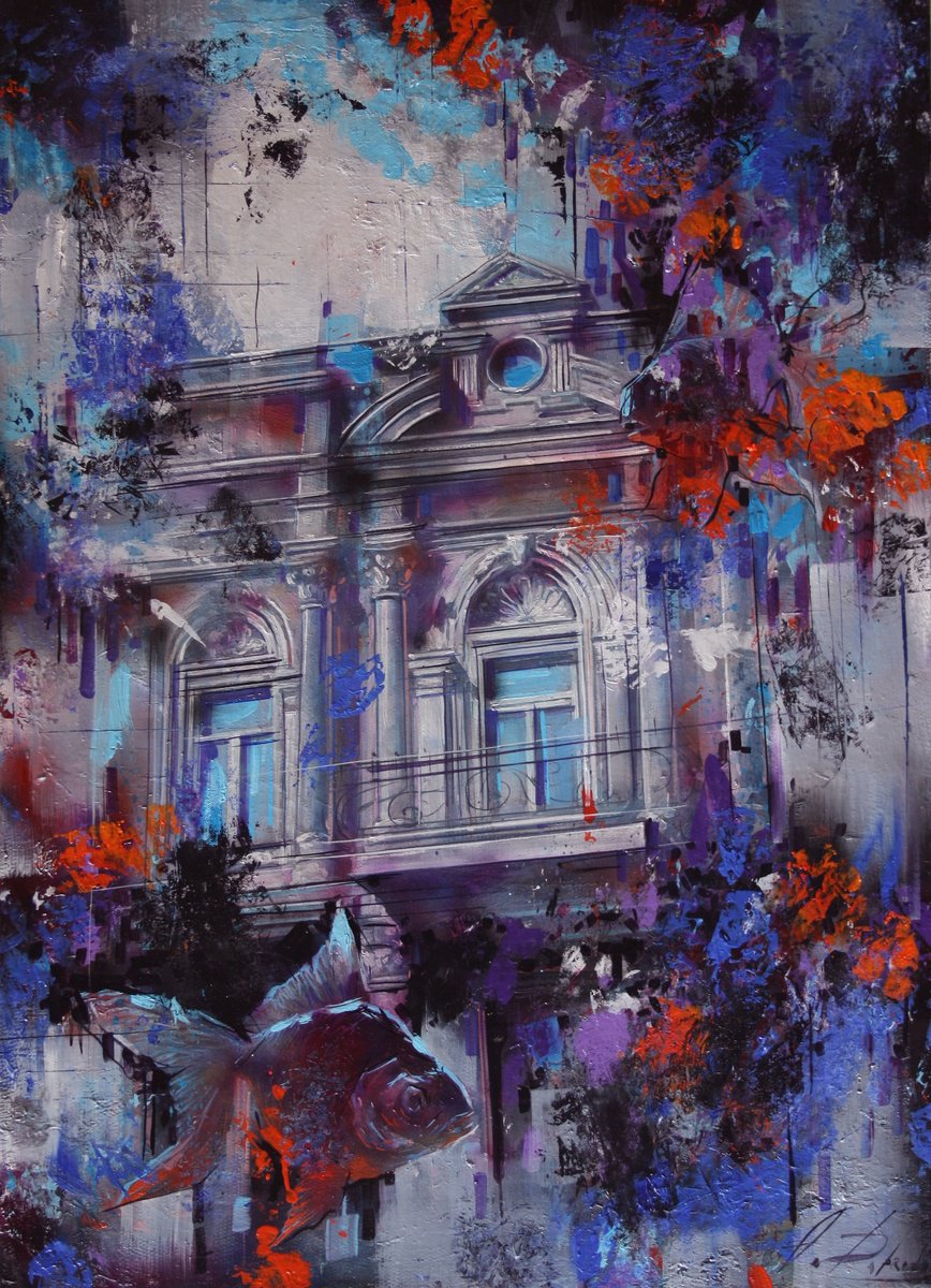 Surrealistic Cityscapes Oil Painting By Alexandr Dobrodiy, 20 X 28, Waiting For A Miracle, Original Artwork