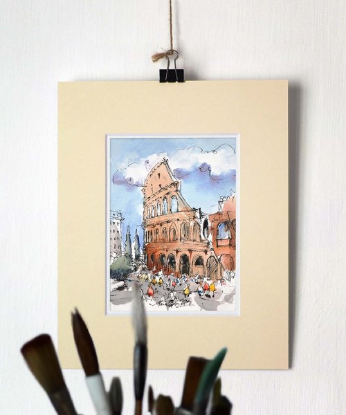 Rome, Colosseum, original ink and watercolor urbansketch painting. by Marin Victor