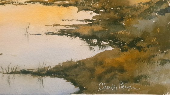 Barn and Stream Reflections, Early Morning