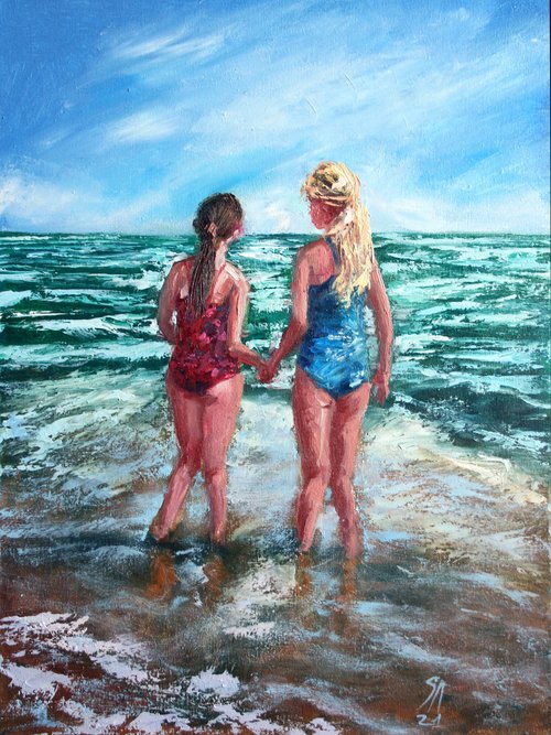 Sisters, Sea, Summer... /  ORIGINAL PAINTING by Salana Art Gallery