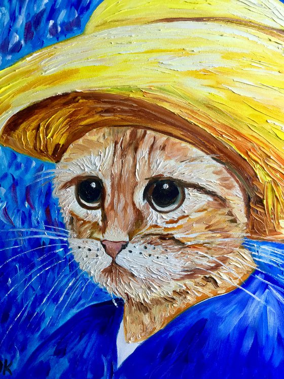 Cat La Van Gogh in a straw hat modern oil painting feline art Van Gogh influence art for animal lovers