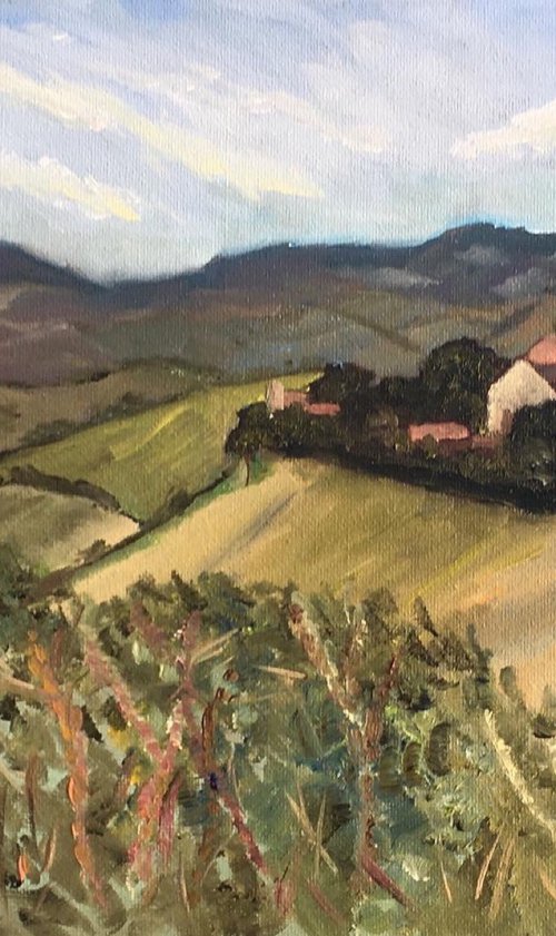 Italian Hilltop farm, Painting by Julian Lovegrove Art