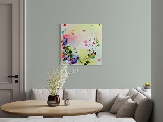 Structure impasto acrylic painting with abstract flowers 60x60cm "Let It Flow"