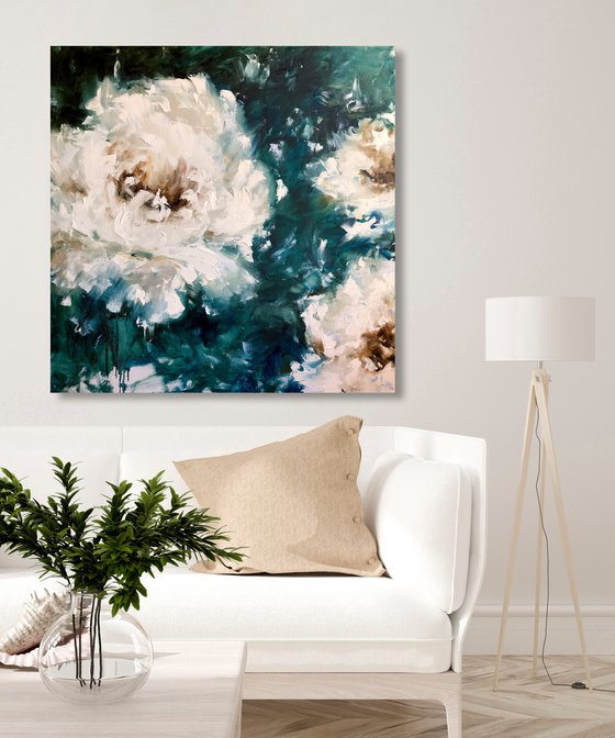 WHITE PEONIES - Abstract peonies. Flowers 3d. White flowers. Thin petals. Malachite. Bright colors.