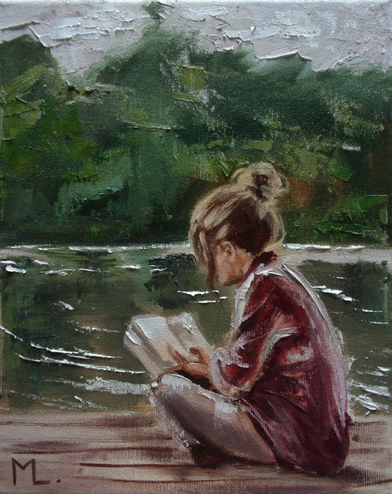 " A STORY FROM HER BOOK ... " original painting LAKE palette knife GIFT