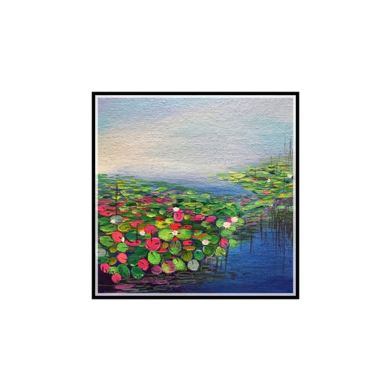 Water lily pond by the lake !! Morning Bliss !! Small Painting !! Miniature !! Gift !!
