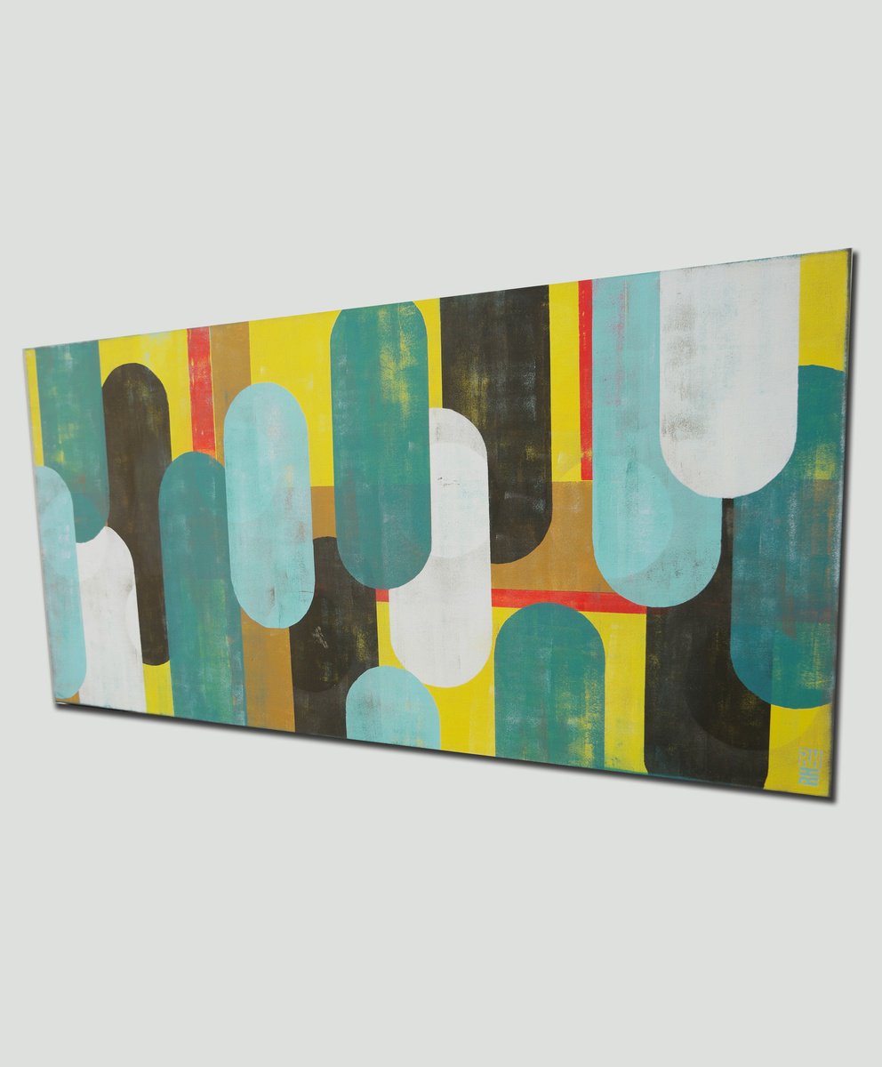 Abstract Acrylic Painting By Ronald Hunter, 55 X 28", Traffic Sunny Yellow, Original Artwork