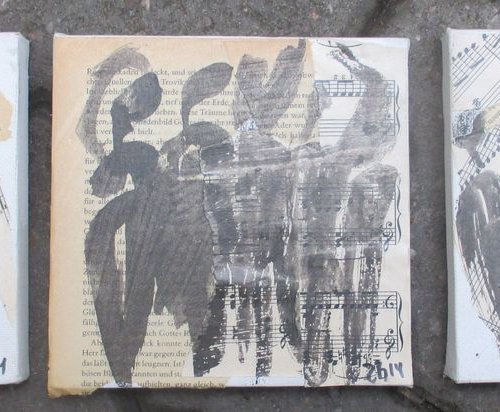 3 girls black and white on canvas collage mixed media 6 x 17,7 inch by Sonja Zeltner-Müller