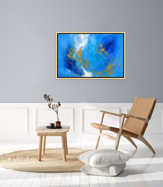 Large Blue Abstract Seascape Painting. Ocean Waves. Navy, Gold, Turquoise, Teal, White Bold Modern Art with Brush Strokes Texture