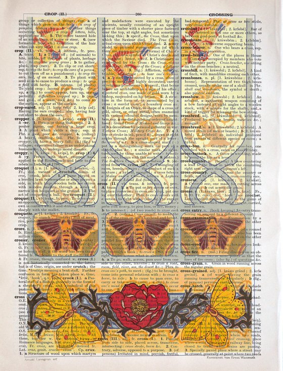 Neue Ornamente - Butterflies - Collage Art Print on Large Real English Dictionary Vintage Book Page