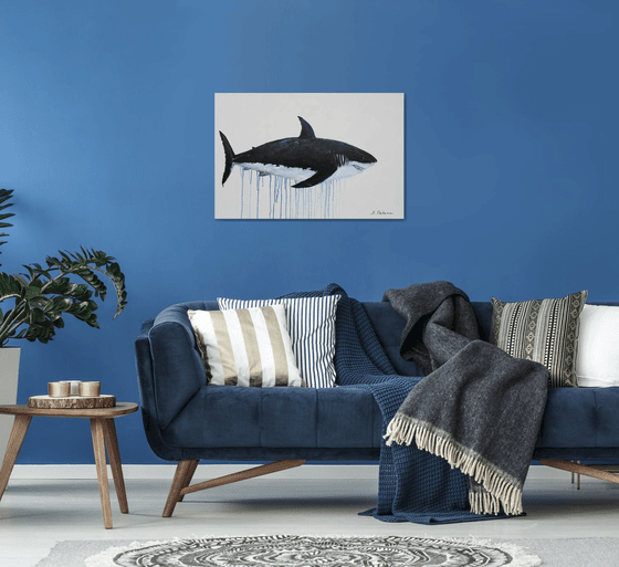 Large Abstract The Great White Shark. Acrylic painting on canvas. Ocean animals, black, white. Painting 61x91cm.