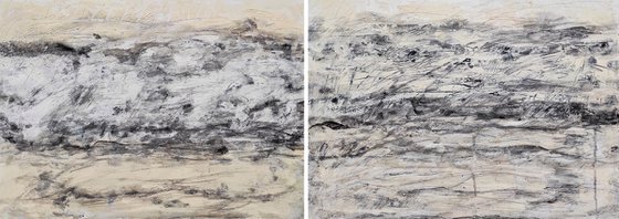 Monochrome beige abstract diptych Thoughts