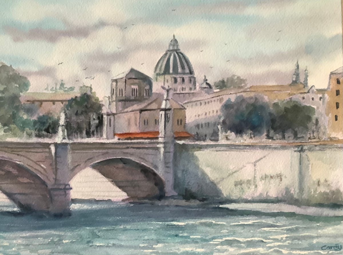 Impressionistic Cityscapes Watercolour By Darren Carey, 15 X 11, St. Angelo Bridge And Vatican., Original Artwork