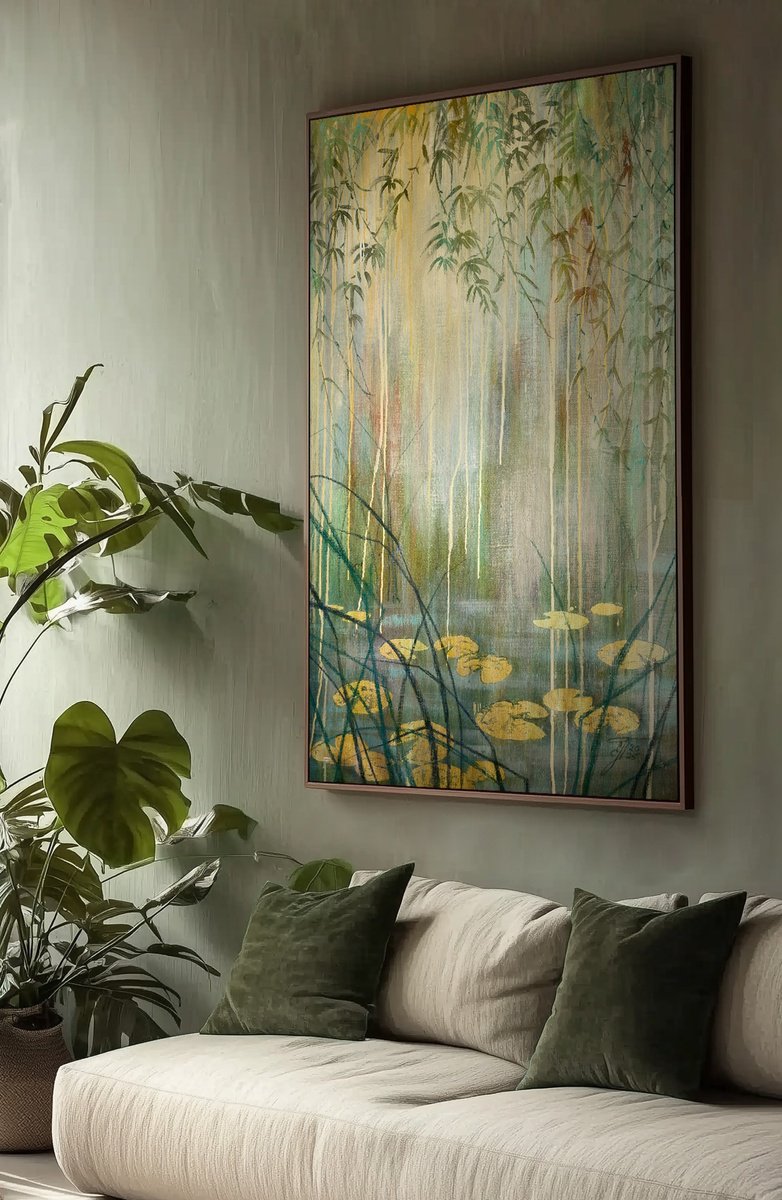 Illustrative Landscape Acrylic Painting By Ekaterina Prisich, 35 X 59, Foggy Pond, Original Artwork