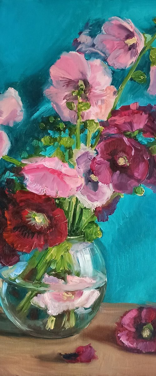 Hollyhocks pink Mallows flowers by Leyla Demir