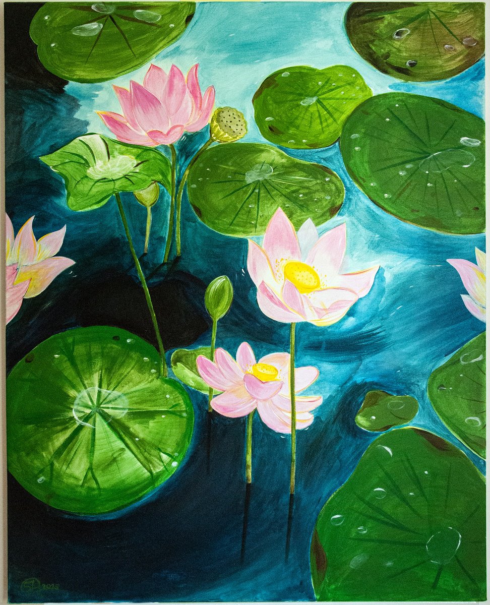 Photorealistic Botanical Acrylic Painting By Szilvia Sztankovits, 31 X 39", Lotus Of Bali, Original Artwork