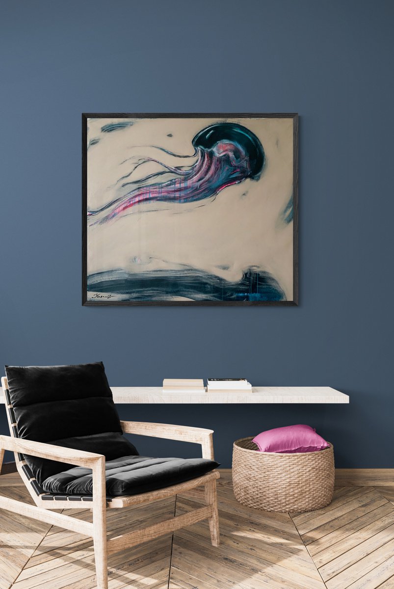 Urban And Pop Animal Acrylic Painting By Yaroslav Yasenev, 38 X 33", Jellyfish, Original Artwork