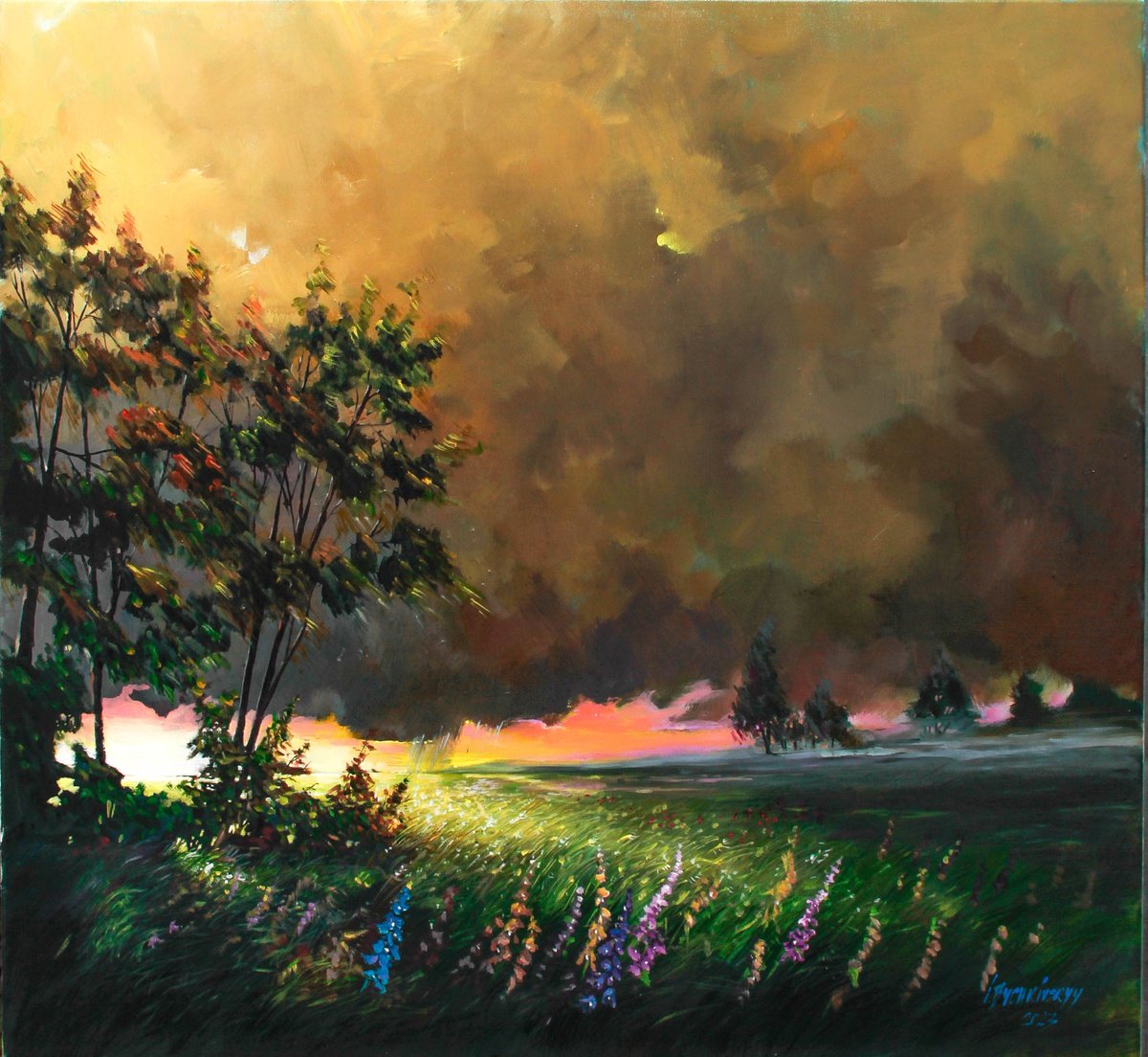 Impressionistic Landscape Acrylic Painting By Ihor Bychkivskyy, 26 X 24, Before The Storm, Original Artwork