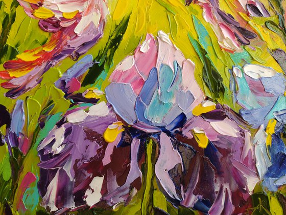 The awakening of love - birds, hummingbird, love, irises, flowers, oil painting, irises flowers, gift idea