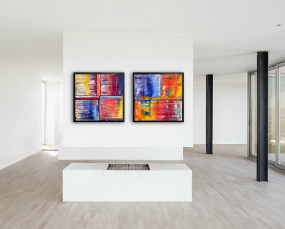 "Birds Of A Feather" - Save As A Series - Original PMS Abstract Diptych Oil Paintings On Plexiglass, Framed - 52" x 26"