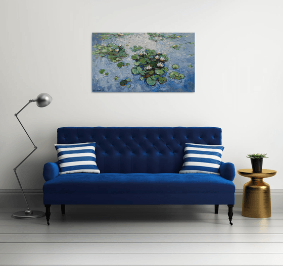 White Water Lilies - Large Original Oil painting 120 x 70 cm