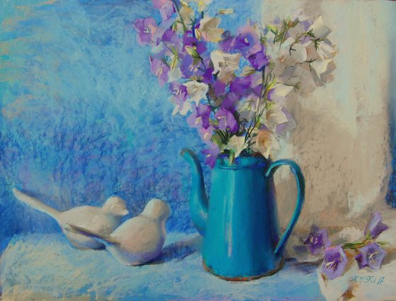 Still life with birds and bellflowers