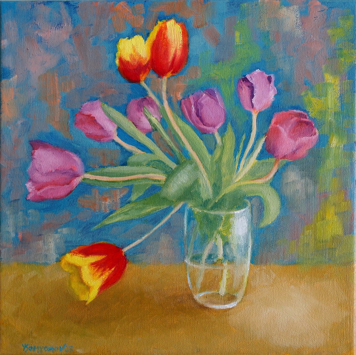 Impressionistic Botanical Oil Painting By Juri Semjonov, 12 X 12", Spring Tulips, Original Artwork