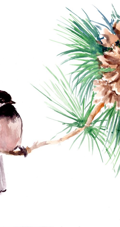 Chickadee on the Pine Tree by Suren Nersisyan