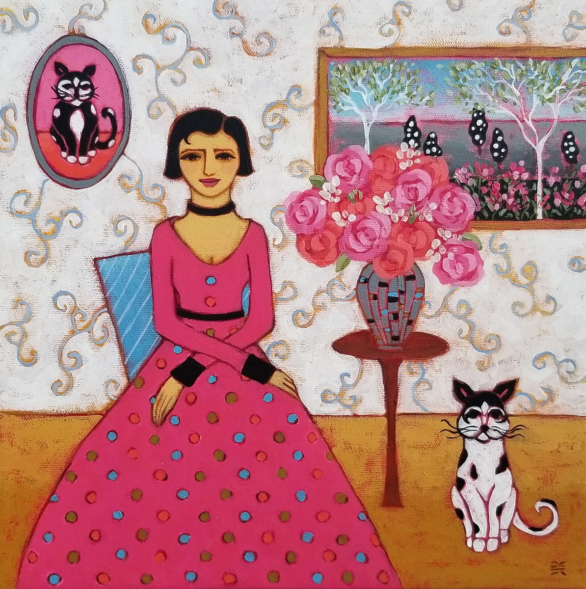 Impressionistic Portrait Acrylic Painting By Karen Rieger, 12 X 12", Woman In Pink Gown With Cats, Original Artwork