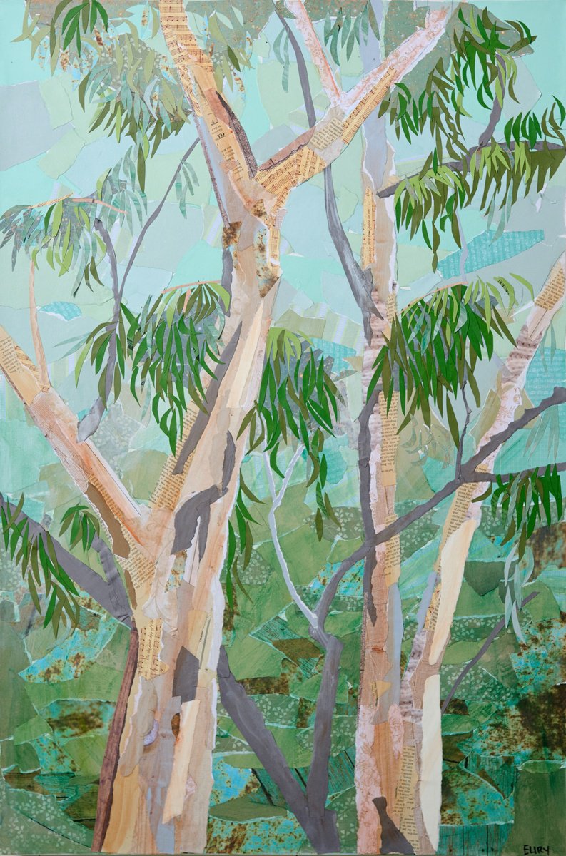 Impressionistic Landscape Collage By Eliry Arts, 24 X 36, Eucalyptus In Fog, Original Artwork