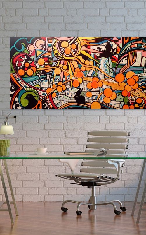 Orange cityscape #3 - Original acrylic painting- large size 100 x 50 cm ( 39' x 20') by Carlo Toma