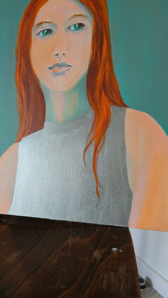 Red Hair Mona Lisa in a silver dress