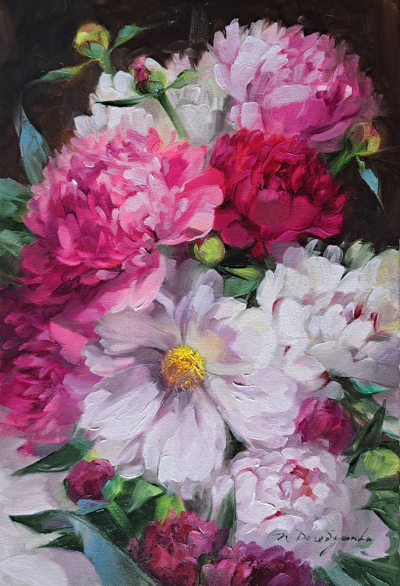 Impressionistic Botanical Oil Painting By Nataly Derevyanko, 8 X 12", White And Purple, Original Artwork