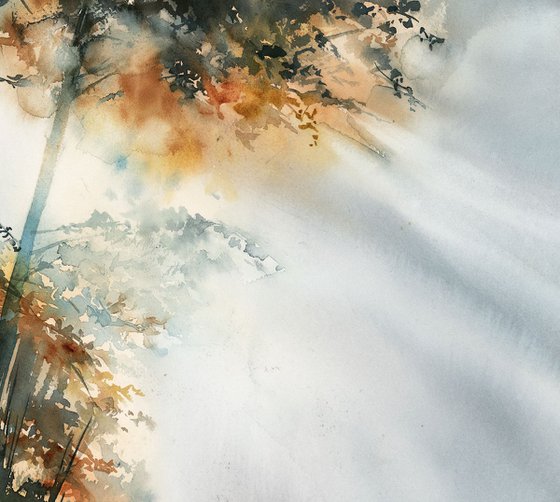 Autumnal forest, Light rays in a Morning fog Watercolor Painting