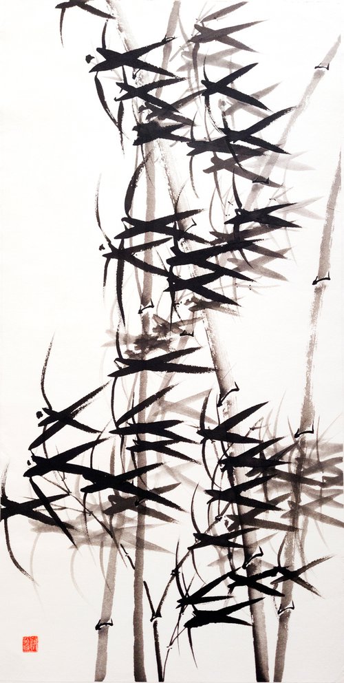 Bamboo in the wind - Bamboo series No. 2120 - Oriental Chinese Ink Painting by Ilana Shechter