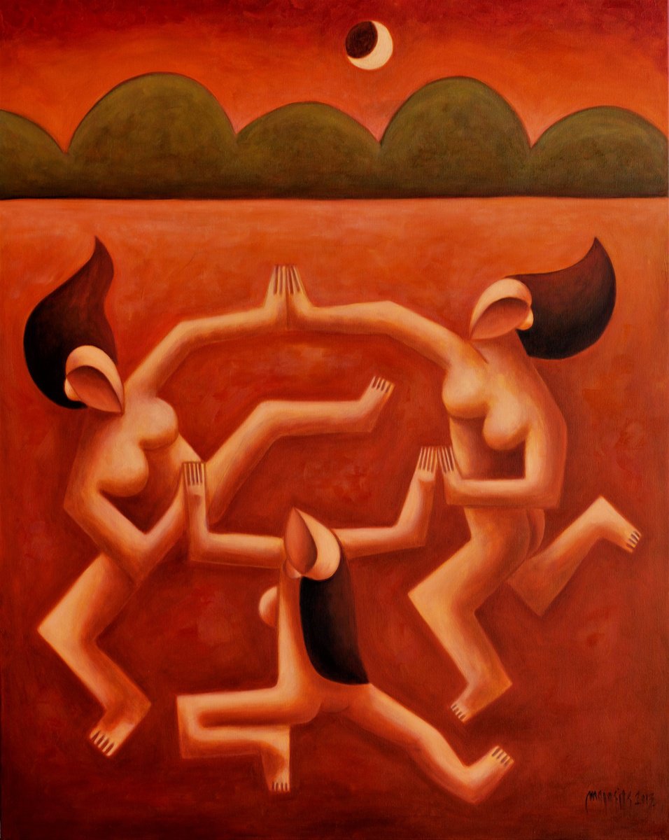 Surrealistic Portrait Oil Painting By Malasits Zsolt, 47 X 59", Dancing Girls, Original Artwork