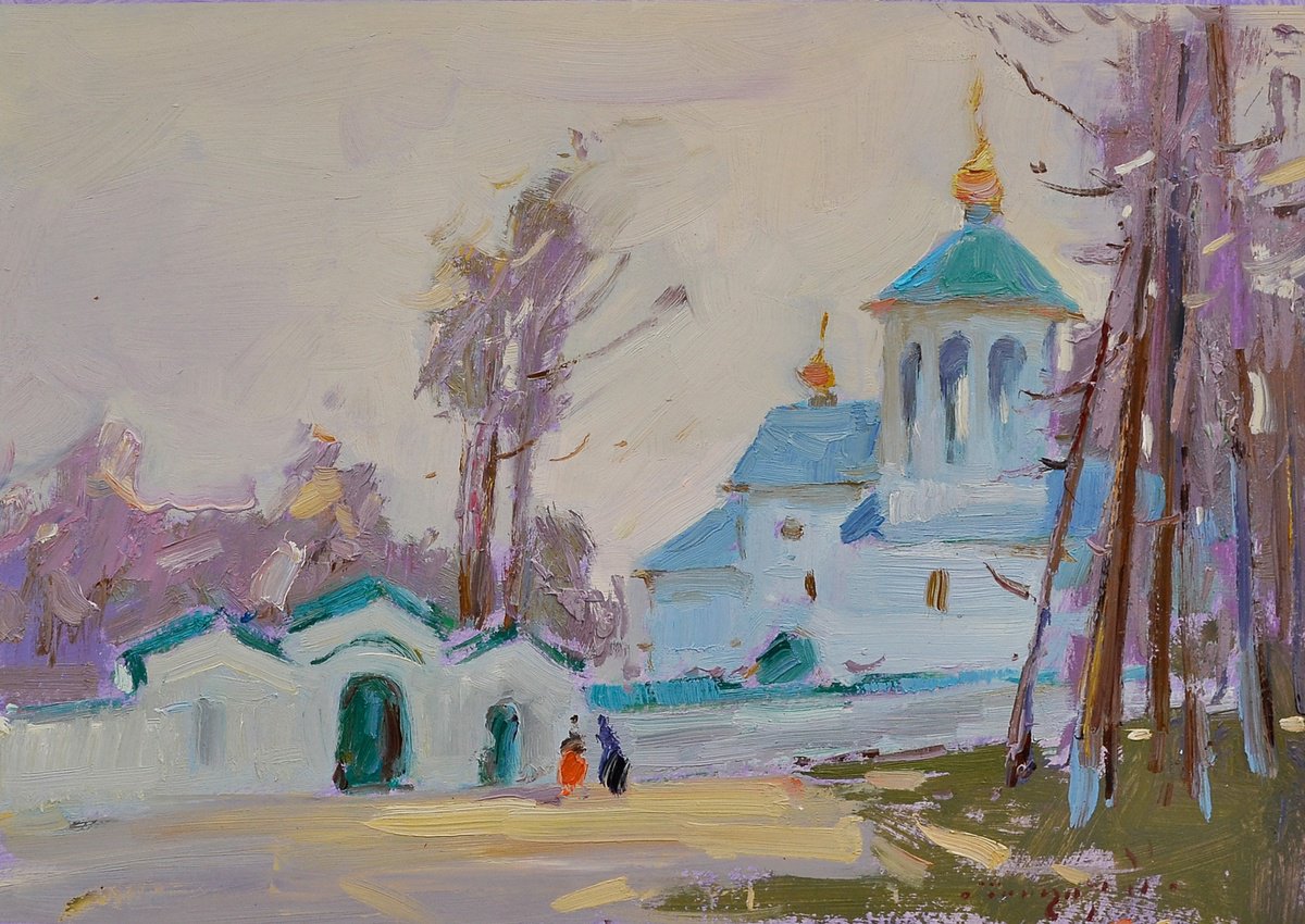 Impressionistic Cityscapes Oil Painting By Alexander Shandor, 18 X 14, Holy Spirit Monastery, Original Artwork