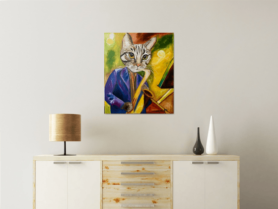 Cat  Saxophonist, musician, feline art for cat lovers