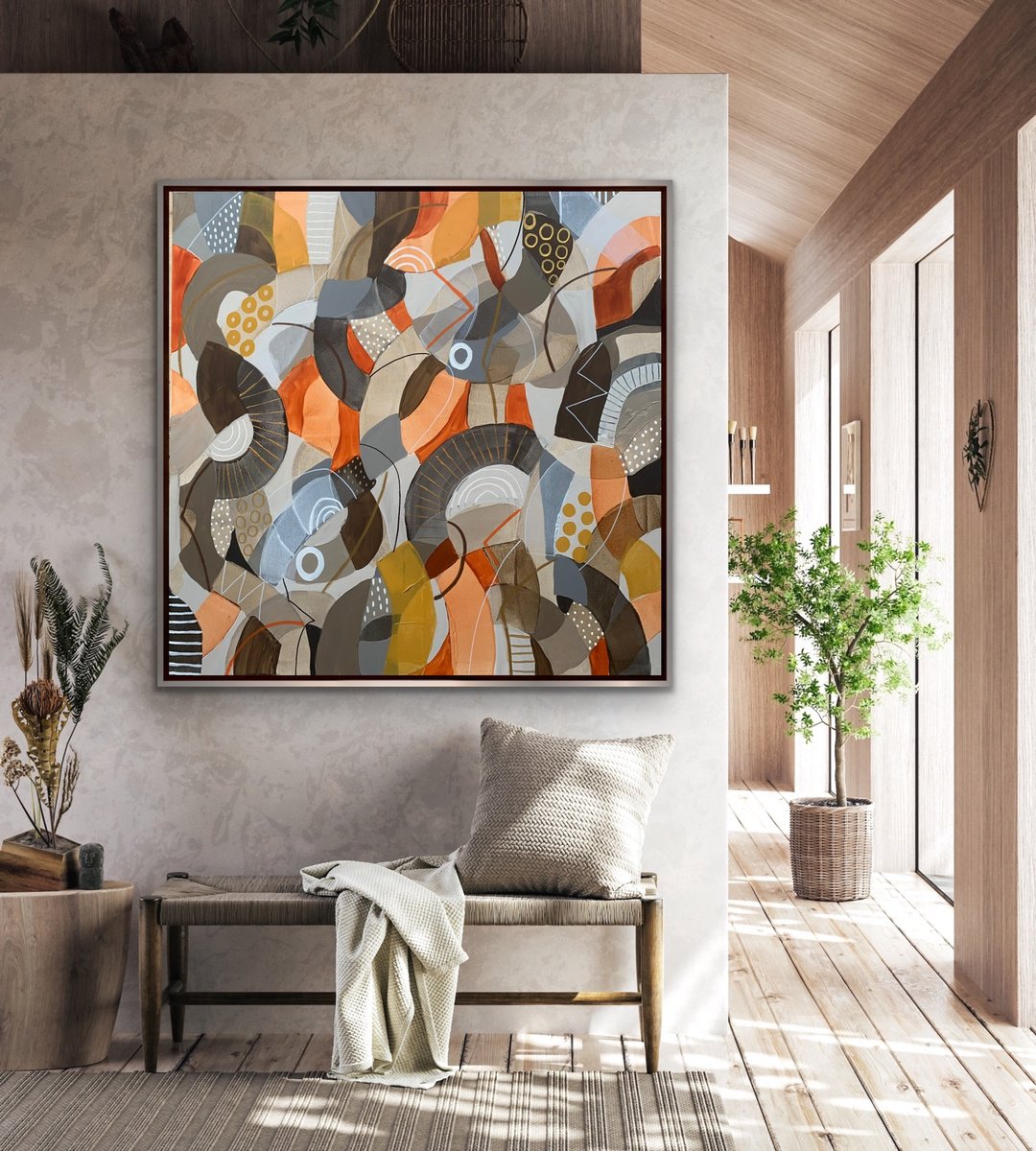 Organic Abstract Acrylic Painting By Rashna Hackett, 39 X 39", Sticks And Stones, Original Artwork