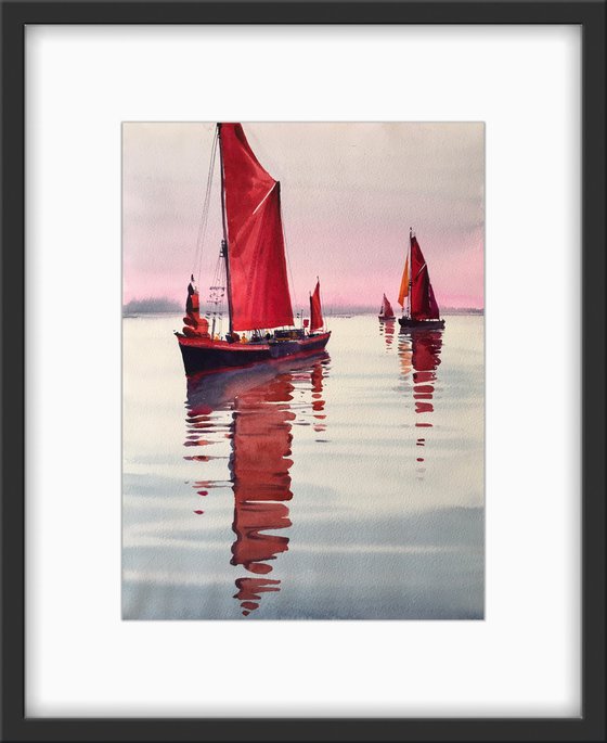 Original watercolor painting “Red sails”