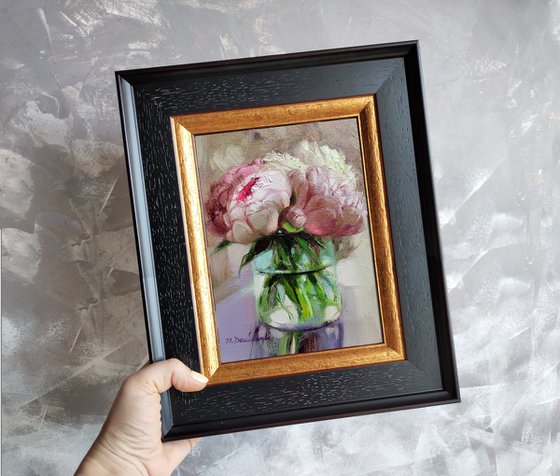Peony pink floral wall art painting original, Framed peony painting